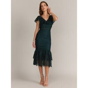 Just Me Green Ruffled V-Neck Sleeveless Crochet Sheath Dress Size Large